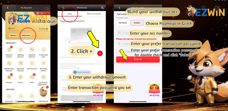 How to withdraw Ezwin money into the account within 2 minutes.